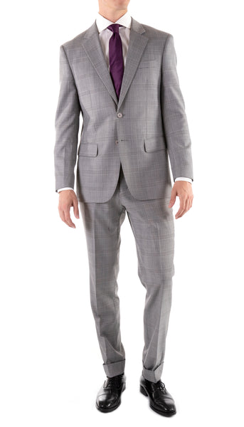Yves Light Grey Plaid Check Men's Premium 2pc Premium Wool Slim Fit Suit - FHYINC best men's suits, tuxedos, formal men's wear wholesale