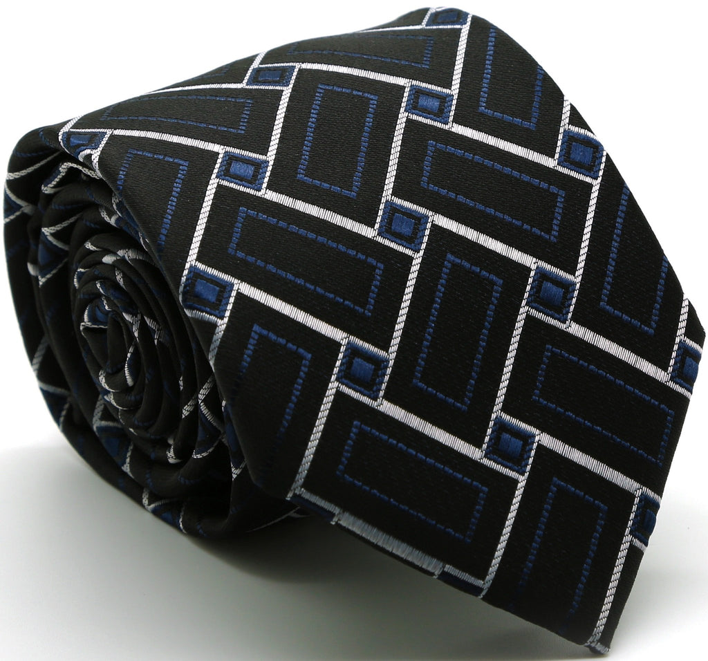 Mens Dads Classic Navy Geometric Pattern Business Casual Necktie & Hanky Set Z-11 - FHYINC best men