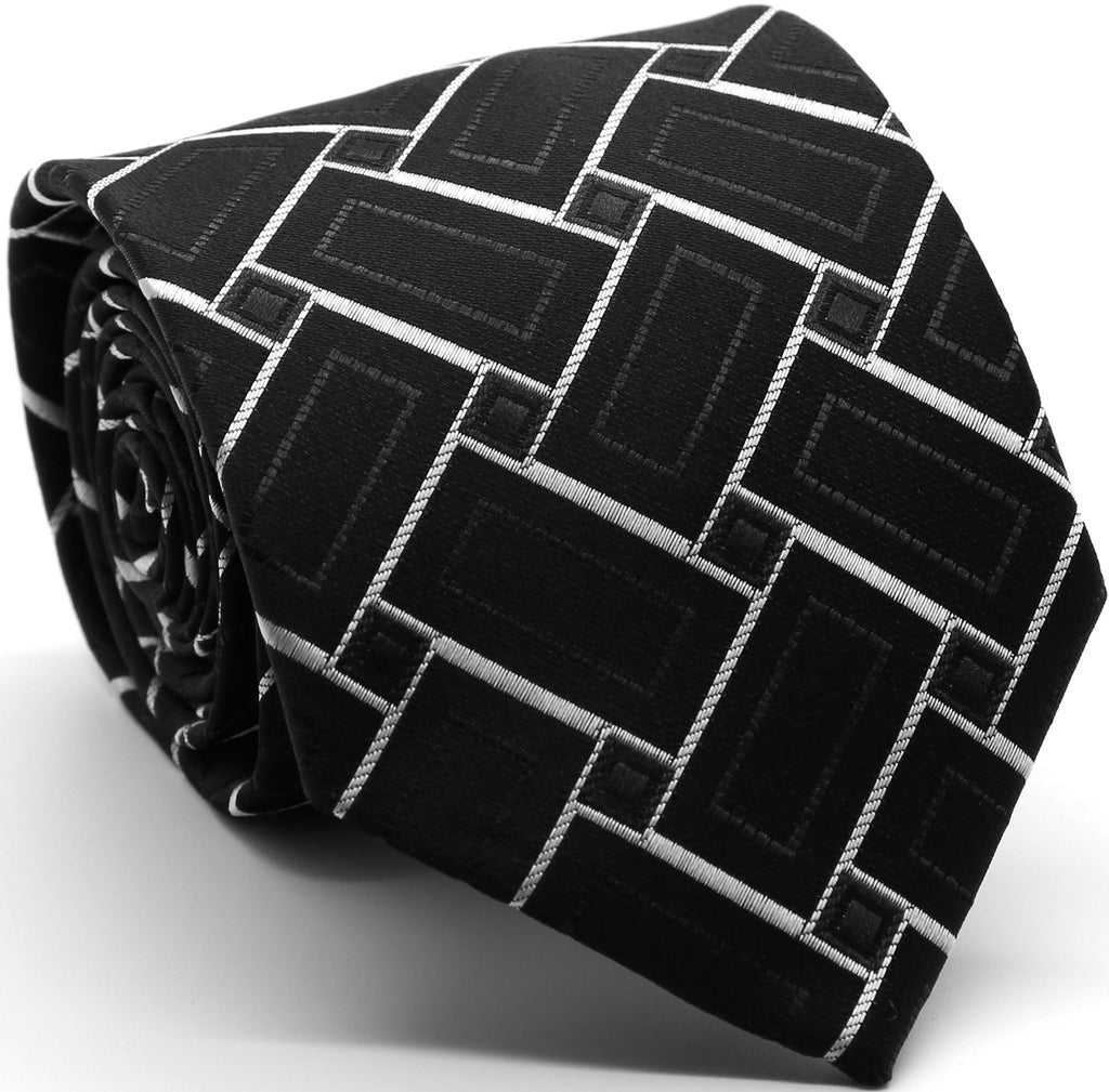 Mens Dads Classic Black Geometric Pattern Business Casual Necktie & Hanky Set Z-9 - FHYINC best men