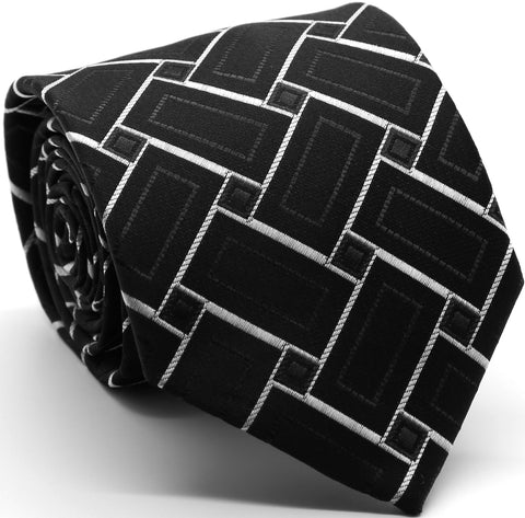 Mens Dads Classic Black Geometric Pattern Business Casual Necktie & Hanky Set Z-9