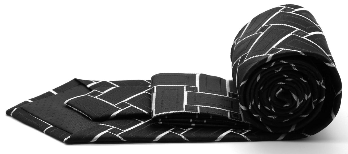 Mens Dads Classic Black Geometric Pattern Business Casual Necktie & Hanky Set Z-9 - FHYINC best men's suits, tuxedos, formal men's wear wholesale