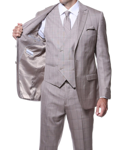 Zillo Sierra Tan 3pc Vested Slim Fit Plaid Suit