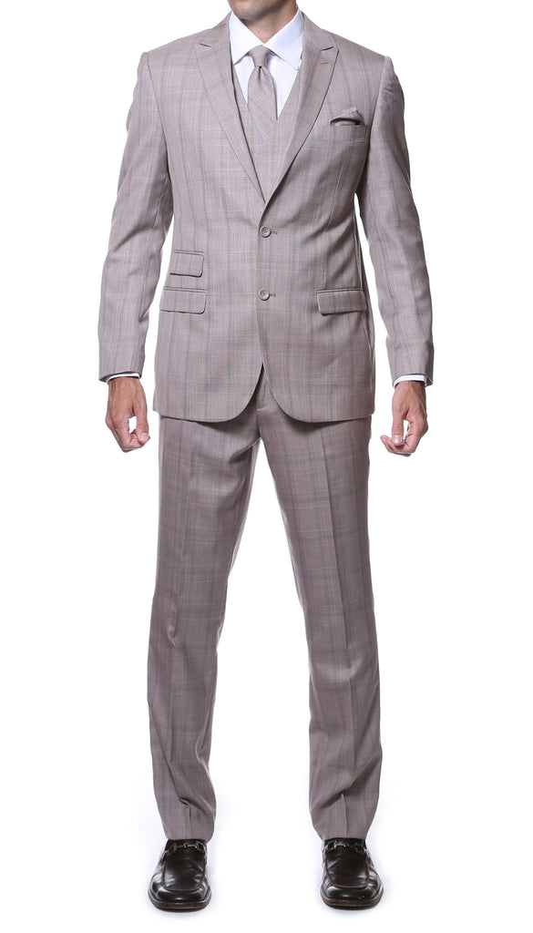 Zillo Sierra Tan 3pc Vested Slim Fit Plaid Suit - FHYINC best men