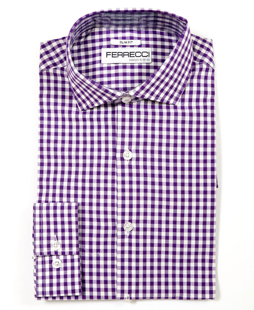 Purple Gingham Check Dress Shirt - Slim Fit - FHYINC best men