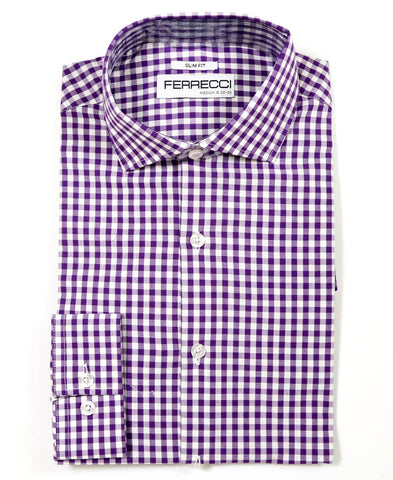 Purple Gingham Check French Cuff Dress Shirt - Regular Fit